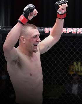 Dustin Jacoby celebrates after his TKO victory over Justin Ledet in a light heavyweight bout during the UFC Fight Night event at UFC APEX on October 31, 2020 in Las Vegas, Nevada