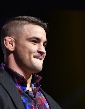 UFC lightweight star Dustin Poirier accepts the Forrest Griffin Community Award for his work with the Good Fight Foundation during the UFC Hall of Fame Class of 2020 Induction Ceremony at Park Theater at Park MGM on September 23, 2021 in Las Vegas, Nevada. (Photo by Chris Unger/Zuffa LLC)