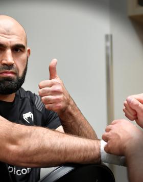 Shamil Abdurakhimov of Russia has his hands taped backstage during the UFC 266 event on September 25, 2021 in Las Vegas, Nevada. (Photo by Chris Unger/Zuffa LLC)