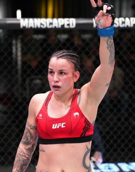 Raquel Pennington reacts after her split decision victory over Ketlen Vieira at UFC Fight Night: Strickland vs Imavov on January 14, 2023. (Photo by Chris Unger/Zuffa LLC)