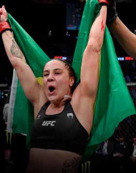 Jennifer Maia of Brazil reacts after her victory over Jessica Eye in their flyweight fight during the UFC 264 event at T-Mobile Arena on July 10, 2021 in Las Vegas, Nevada. (Photo by Jeff Bottari/Zuffa LLC)