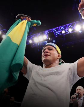 Gilbert Burns of Brazil celebrates after his TKO victory over Demian Maia of Brazil in their welterweight fight during the UFC Fight Night event on March 14, 2020 in Brasilia, Brazil. (Photo by Buda Mendes/Zuffa LLC)
