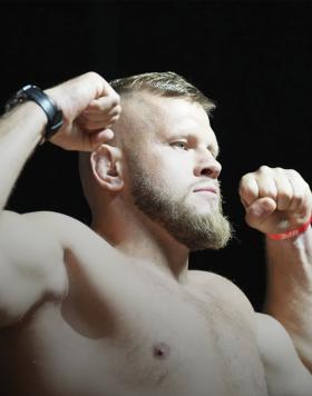 Marcin Tybura of Poland poses on the scale during the UFC 278 ceremonial weigh-in at Vivint Arena on August 19, 2022 in Salt Lake City, Utah. (Photo by Chris Unger/Zuffa LLC)