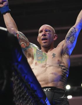 Josh Emmett reacts after finishing five rounds against Calvin Kattar in a featherweight fight during the UFC Fight Night event at Moody Center on June 18, 2022 in Austin, Texas. (Photo by Cooper Neill/Zuffa LLC)