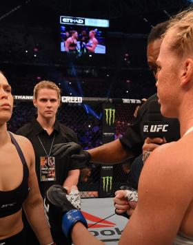 Ronda Rousey of the United States refuses to touch gloves with opponent Holly Holm of the United States before their UFC women's bantamweight championship bout during the UFC 193 event at Etihad Stadium on November 15, 2015 in Melbourne, Australia. (Photo by Josh Hedges/Zuffa Getty Images)