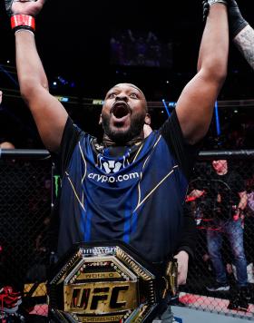 Jon Jones reacts to his win in the UFC heavyweight championship fight during the UFC 285 event at T-Mobile Arena on March 04, 2023 in Las Vegas, Nevada. (Photo by Jeff Bottari/Zuffa LLC)