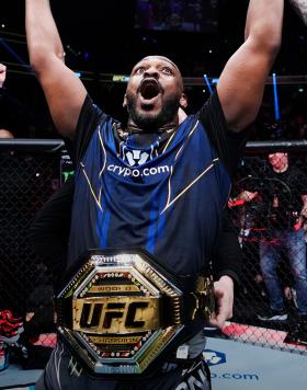 Jon Jones reacts to his win in the UFC heavyweight championship fight during the UFC 285 event at T-Mobile Arena on March 04, 2023 in Las Vegas, Nevada. (Photo by Jeff Bottari/Zuffa Getty Images)