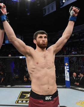 Magomed Ankalaev reacts after being declared winner by knockout against Ion Cutelaba by referee Kevin MacDonald in their light heavyweight bout during the UFC Fight Night event at Chartway Arena on February 29, 2020 in Norfolk, Virginia. (Photo by Josh Hedges/Zuffa LLC)