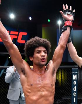 Alex Caceres reacts after his victory over Seungwoo Choi of South Korea in a featherweight fight during the UFC Fight Night event at UFC APEX on October 23, 2021 in Las Vegas, Nevada. (Photo by Jeff Bottari/Zuffa LLC)