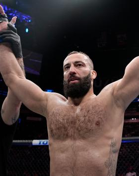 Roman Dolidze of Georgia reacts after his TKO victory over Jack Hermansson of Sweden in a middleweight fight during the UFC Fight Night event at Amway Center on December 03, 2022 in Orlando, Florida. (Photo by Jeff Bottari/Zuffa LLC)