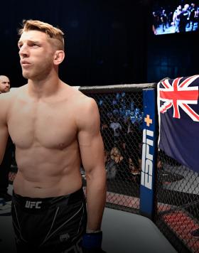 Dan Hooker of New Zealand prepares to fight Islam Makhachev of Russia in a lightweight fight during the UFC 267 event at Etihad Arena on October 30, 2021 in Yas Island, Abu Dhabi, United Arab Emirates. (Photo by Chris Unger/Zuffa LLC)