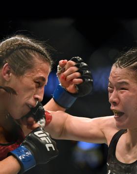 Zhang Weili punches Joanna Jedrzejczyk to a split decision win at T-Mobile Arena on March 07, 2020 in Las Vegas, Nevada. (Photo by Harry How/Getty Images)