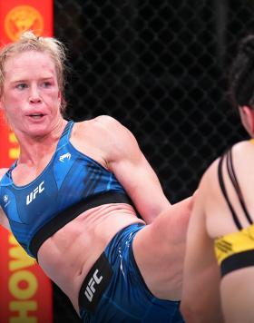 Holly Holm kicks Ketlen Vieira of Brazil in a bantamweight bout during the UFC Fight Night event at UFC APEX on May 21, 2022 in Las Vegas, Nevada. (Photo by Chris Unger/Zuffa LLC)