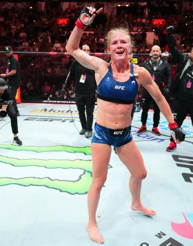 Former Bantamweight Champion Holly Holm Reacts With Michael Bisping After Her Unanimous Decision Victory Over Yana Santos At UFC Fight Night: Vera vs Sandhagen In San Antonio