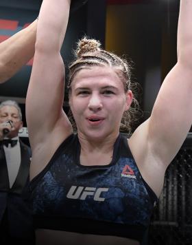 Miranda Maverick reacts after her victory over Gillian Robertson in their lightweight fight during the UFC 260 event at UFC APEX on March 27, 2021 in Las Vegas, Nevada. (Photo by Jeff Bottari/Zuffa LLC)
