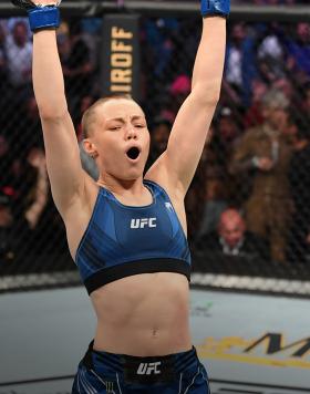Rose Namajunas reacts after defeating Zhang Weili of China in their UFC women's strawweight championship bout during the UFC 261 event at VyStar Veterans Memorial Arena on April 24, 2021 in Jacksonville, Florida. (Photo by Josh Hedges/Zuffa LLC)