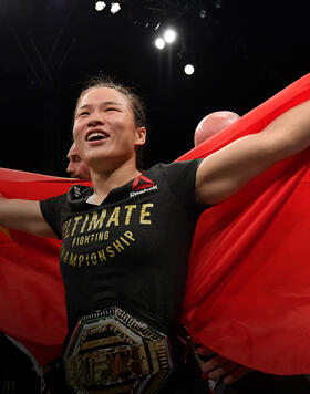 Zhang Weili of China celebrates after her knockout victory over Jessica Andrade of Brazil in their UFC strawweight championship bout during the UFC Fight Night event at Shenzhen Universiade Sports Centre on August 31, 2019 in Shenzhen, China. (Photo by Brandon Magnus/Zuffa LLC)