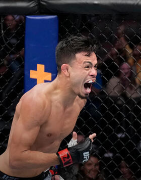 Brandon Royval celebrates after his victory over Matt Schnell in a flyweight fight during the UFC 274 event at Footprint Center on May 07, 2022 in Phoenix, Arizona. (Photo by Chris Unger/Zuffa LLC)