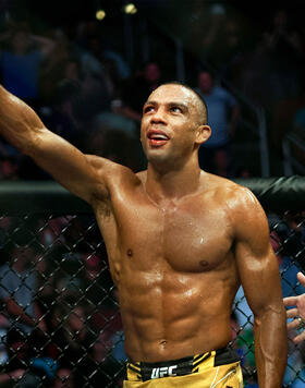 Edson Barboza of Brazil reacts after defeating Shane Burgos in their featherweight bout during the UFC 262 event at Toyota Center on May 15, 2021 in Houston, Texas. (Photo by Cooper Neill/Zuffa LLC)