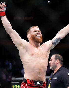 Matt Frevola reacts after his knockout victory over Ottman Azaitar of Morocco in a lightweight bout during the UFC 281 event at Madison Square Garden on November 12, 2022 in New York City. (Photo by Chris Unger/Zuffa LLC)