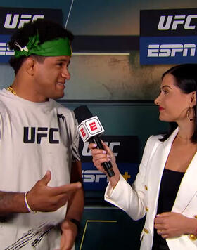 UFC welterweight Gilbert Burns speaks with Megan Olivi after the UFC 288: Sterling vs Cejudo ceremonial weigh-ins.