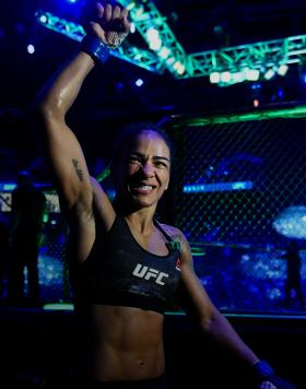 Viviane Araujo of Brazil reacts after her victory over Roxanne Modafferi in a flyweight fight during the UFC Fight Night event at Etihad Arena on UFC Fight Island on January 20, 2021 in Abu Dhabi, United Arab Emirates. (Photo by Chris Unger/Zuffa LLC)