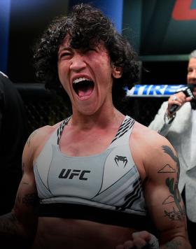 LAS VEGAS, NEVADA - JUNE 19: Virna Jandiroba of Brazil celebrates after her TKO victory over Kanako Murata of Japan in a strawweight bout during the UFC Fight Night event at UFC APEX on June 19, 2021 in Las Vegas, Nevada. (Photo by Chris Unger/Zuffa LLC)