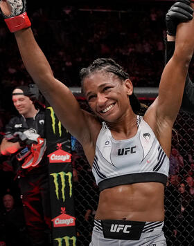 Angela Hill reacts after her unanimous-decision victory over Emily Ducote in a strawweight fight during the UFC Fight Night event at Amway Center on December 03, 2022 in Orlando, Florida. (Photo by Jeff Bottari/Zuffa LLC)