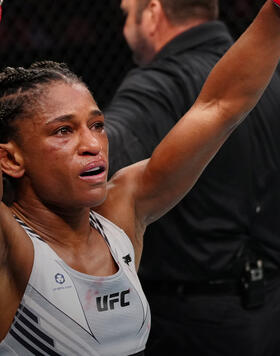 Angela Hill reacts after the conclusion of her strawweight fight against Emily Ducote during the UFC Fight Night event at Amway Center on December 03, 2022 in Orlando, Florida. (Photo by Jeff Bottari/Zuffa LLC)