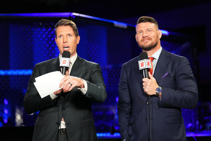 Brendan Fitzgerald and Michael Bisping anchor the broadcast during the UFC Fight Night event at UFC APEX on May 20, 2023 in Las Vegas, Nevada. (Photo by Chris Unger/Zuffa LLC)