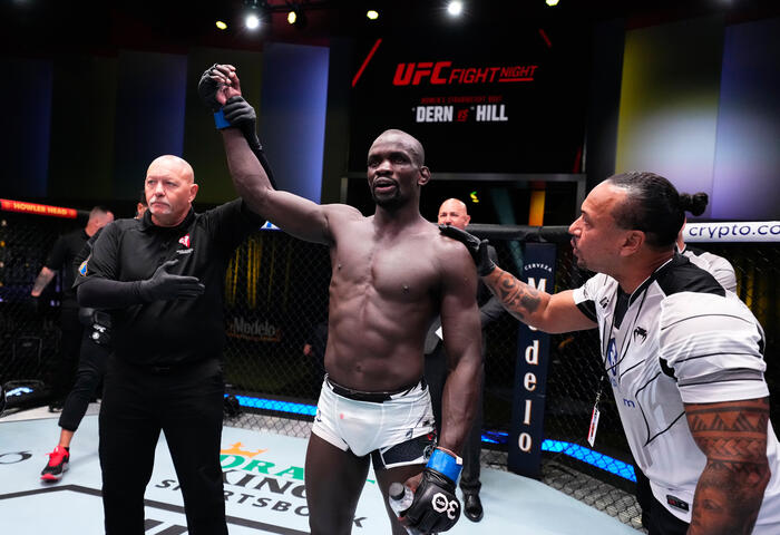 Themba Gorimbo of Zimbabwe reacts after defeating Takashi Sato of Japan in a welterweight fight during the UFC Fight Night event at UFC APEX on May 20, 2023 in Las Vegas, Nevada. (Photo by Chris Unger/Zuffa LLC)
