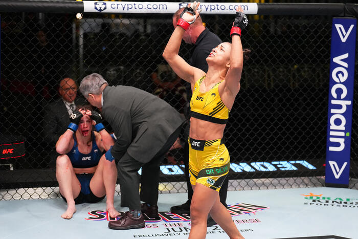 Natalia Silva of Brazil reacts after defeating Victoria Leonardo in a flyweight fight during the UFC Fight Night event at UFC APEX on May 20, 2023 in Las Vegas, Nevada. (Photo by Chris Unger/Zuffa LLC)