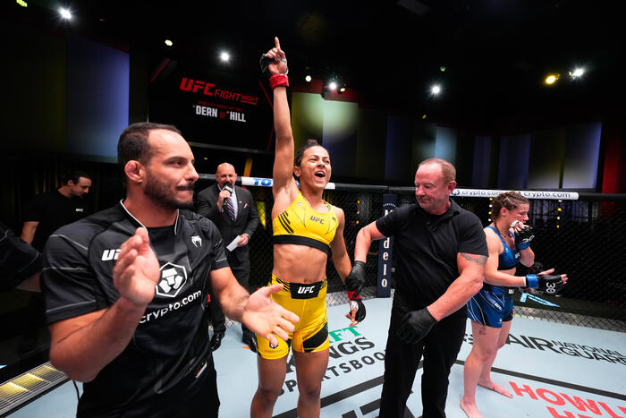 Natalia Silva of Brazil reacts after defeating Victoria Leonardo in a flyweight fight during the UFC Fight Night event at UFC APEX on May 20, 2023 in Las Vegas, Nevada. (Photo by Chris Unger/Zuffa LLC)