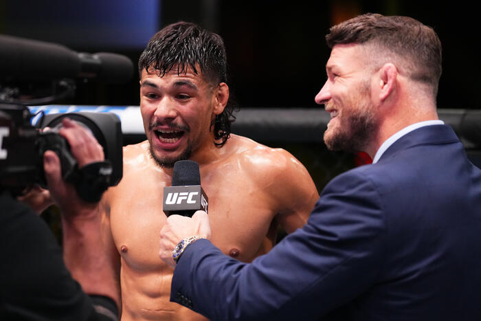 Gilbert Urbina is interviewed by Michael Bisping after defeating Orion Cosce in a welterweight fight during the UFC Fight Night event at UFC APEX on May 20, 2023 in Las Vegas, Nevada. (Photo by Chris Unger/Zuffa LLC)