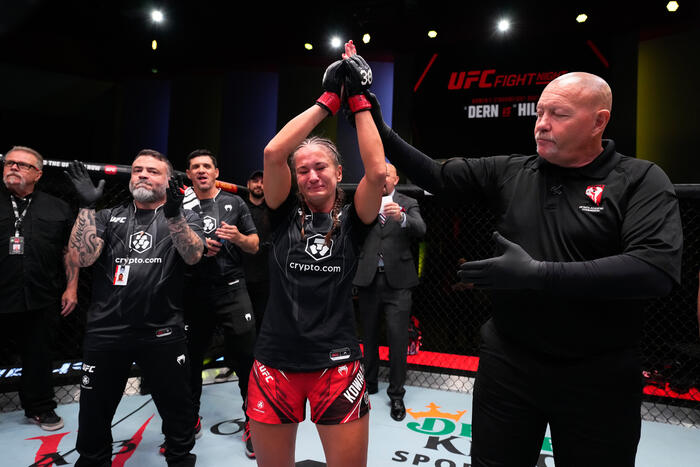 Karolina Kowalkiewicz of Poland reacts after defeating Vanessa Demopoulos in a strawweight fight during the UFC Fight Night event at UFC APEX on May 20, 2023 in Las Vegas, Nevada. (Photo by Chris Unger/Zuffa LLC)