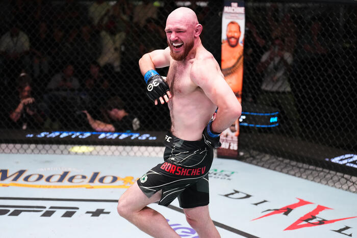 Viacheslav Borshchev of Russia celebrates after defeating Maheshate of China in a lightweight fight during the UFC Fight Night event at UFC APEX on May 20, 2023 in Las Vegas, Nevada. (Photo by Chris Unger/Zuffa LLC)