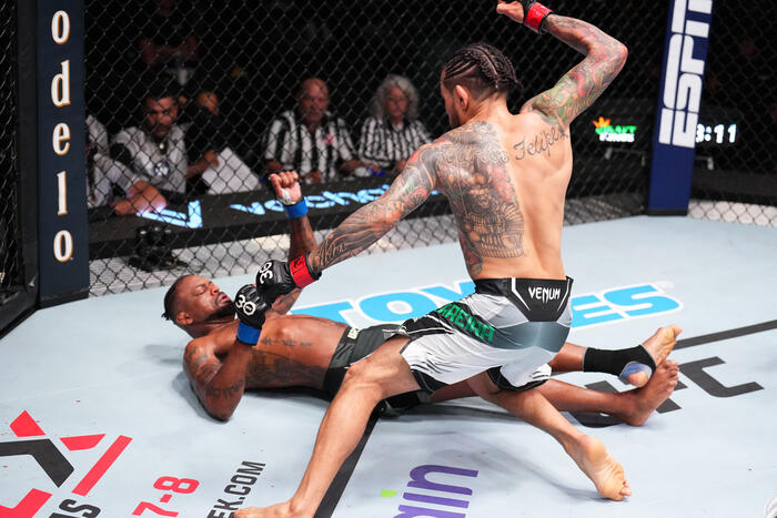 Diego Ferreira of Brazil knock outs Michael Johnson in a lightweight fight during the UFC Fight Night event at UFC APEX on May 20, 2023 in Las Vegas, Nevada. (Photo by Chris Unger/Zuffa LLC)