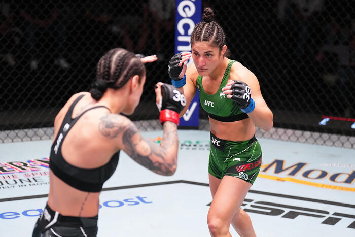Loopy Godinez of Mexico faces Emily Ducote in a 120-pound catchweight fight during the UFC Fight Night event at UFC APEX on May 20, 2023 in Las Vegas, Nevada. (Photo by Chris Unger/Zuffa LLC)