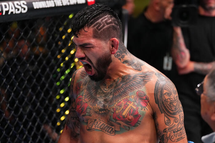 Anthony Hernandez reacts after defeating Edmen Shahbazyan in a middleweight fight during the UFC Fight Night event at UFC APEX on May 20, 2023 in Las Vegas, Nevada. (Photo by Chris Unger/Zuffa LLC)