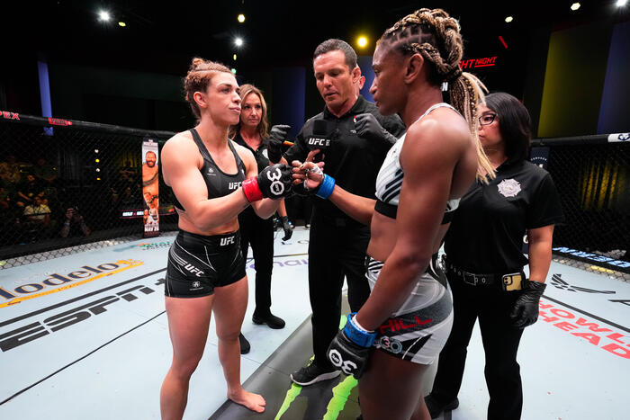 Mackenzie Dern and Angela Hill face off prior to their strawweight fight during the UFC Fight Night event at UFC APEX on May 20, 2023 in Las Vegas, Nevada. (Photo by Chris Unger/Zuffa LLC)