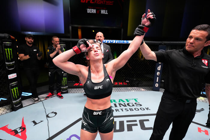 Mackenzie Dern reacts after defeating Angela Hill in a strawweight fight during the UFC Fight Night event at UFC APEX on May 20, 2023 in Las Vegas, Nevada. (Photo by Chris Unger/Zuffa LLC)
