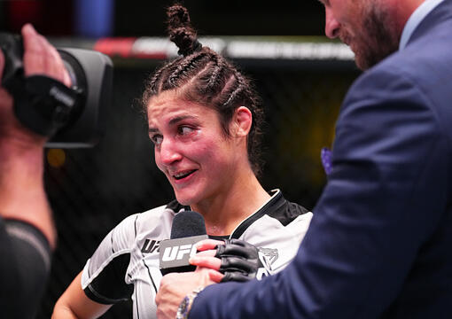 Loopy Godinez of Mexico is interviewed after defeating Emily Ducote in a 120-pound catchweight fight during the UFC Fight Night event at UFC APEX on May 20, 2023 in Las Vegas, Nevada. (Photo by Chris Unger/Zuffa LLC)