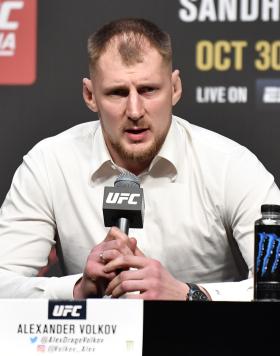 ABU DHABI, UNITED ARAB EMIRATES - OCTOBER 28: Alexander Volkov of Russia interacts with media during the UFC 267 press conference at Etihad Arena on October 28, 2021 in Abu Dhabi, United Arab Emirates. (Photo by Chris Unger/Zuffa LLC)