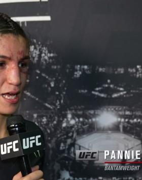 Pannie Kianzad reacts with UFC.com after her unanimous decision victory over bantamweight Alexis Davis at UFC 263: Adesanya vs Vettori 2 on June 12, 2021