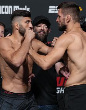 Arman Tsarukyan and Mateusz Gamrot get up close and personal at the weigh-in face offs before their fight at UFC Fight Night. 