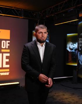 Former lightweight champion Khabib Nurmagomedov takes the stage to be inducted into the Modern Wing at the 2022 UFC Hall of Fame Induction on June 30, 2022 in Las Vegas, Nevada. (Photo by Chris Unger/Zuffa LLC)
