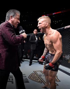 TJ Dillashaw is introduced by Bruce Buffer prior to his UFC bantamweight championship fight against Cody Garbrandt during the UFC 227 event inside Staples Center on August 4, 2018 in Los Angeles, California. (Photo by Jeff Bottari/Zuffa LLC)