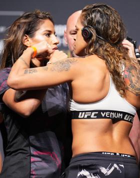 Julianna Pena and Amanda Nunes of Brazil face off during the UFC 277 ceremonial weigh-in at American Airlines Center on July 29, 2022 in Dallas, Texas. (Photo by Chris Unger/Zuffa LLC)
