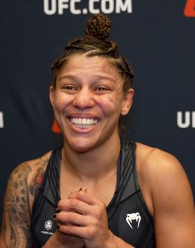 Bantamweight Mayra Bueno Silva Reacts With UFC.com After Her Submission Victory Over Stephanie Egger At UFC Fight Night: Santos vs Hill on August 6, 2022