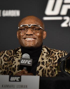 Kamaru Usman is seen on stage during the UFC 268 press conference at The Hulu Theater at Madison Square Garden